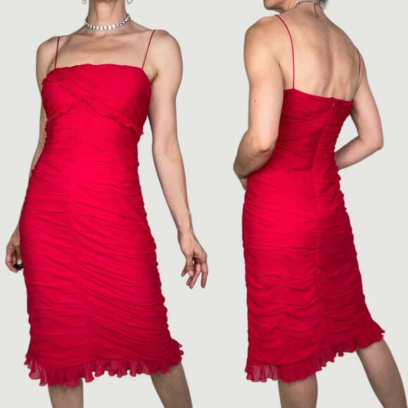Cache silk ruffled sweetheart slip dress cocktail red ruched midi formal red 8 - Picture 3 of 16